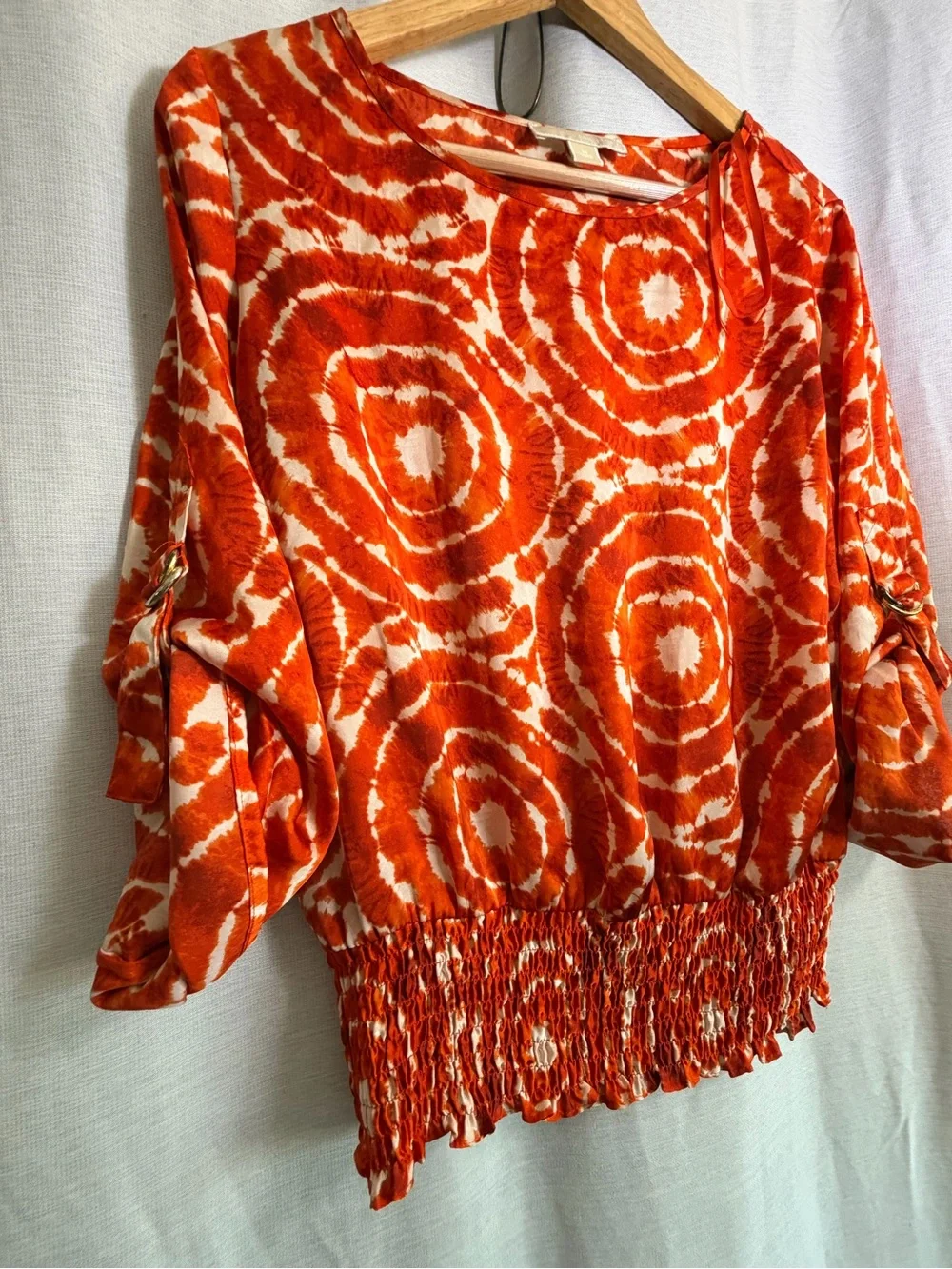 Michael Kors Orange Tie-Dye Circle Print Smocked Hem Blouse